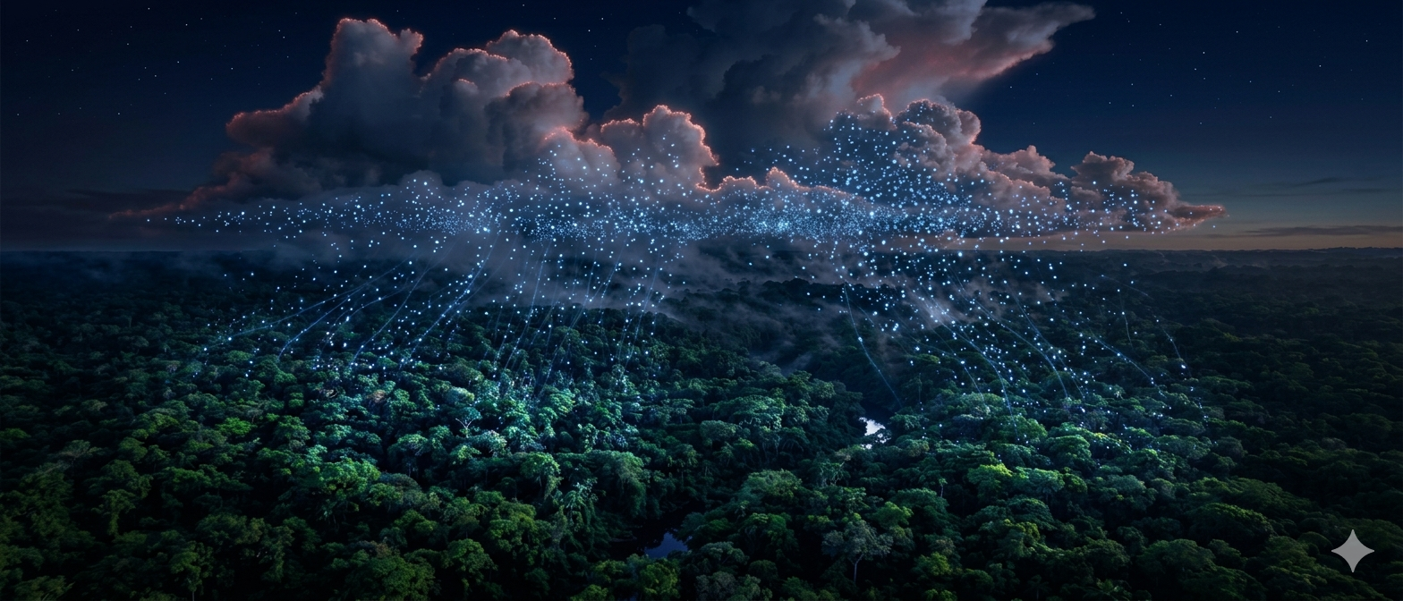 Salt nanoparticles rising from rainforest canopy into forming clouds